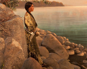 Ручная роспись фотографии — молодая индианка на берегу реки